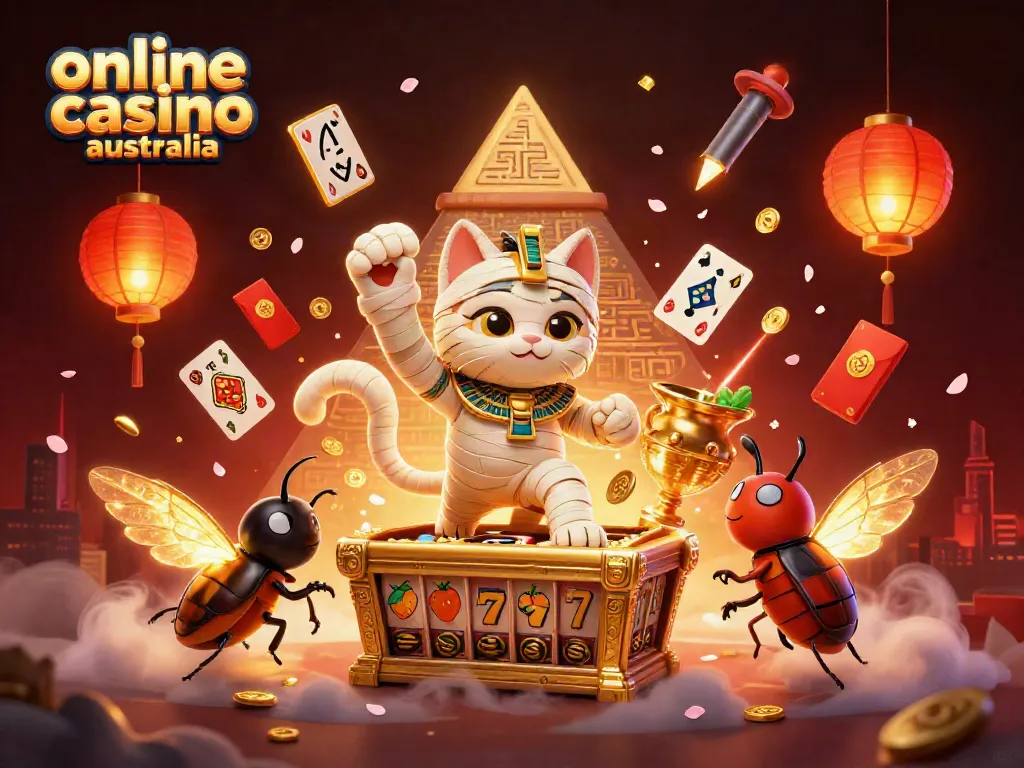Interact with the vibrant online casino australia scene featuring a mummy cat and gold elements.