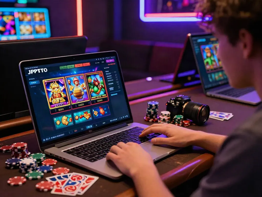 Pengguna login jptoto di laptop dengan permainan slot yang menarik dan tampilan modern di ruang permainan yang nyaman.