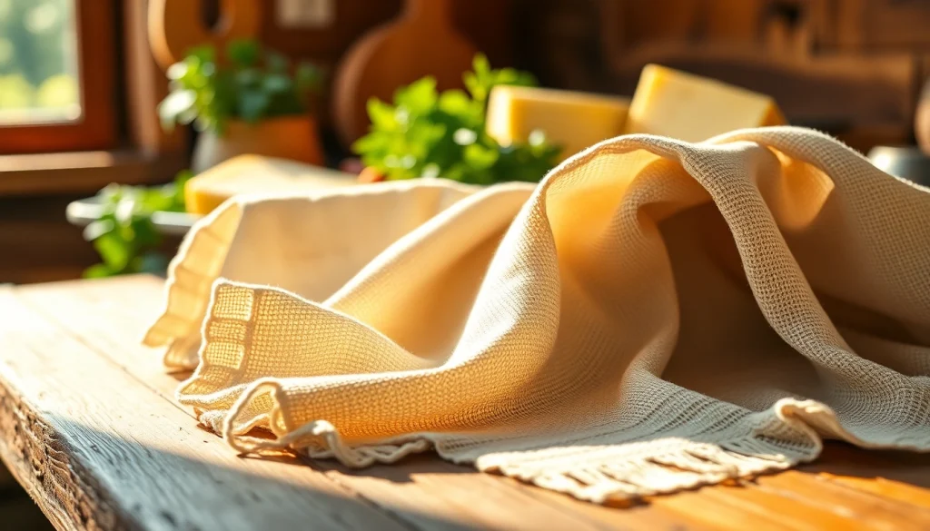 Kaasdoek prachtig uitgestald op een houten tafel, met natuurlijke ingrediënten op de achtergrond.