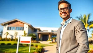 Real Estate broker engaging with buyers in front of a modern home for sale.
