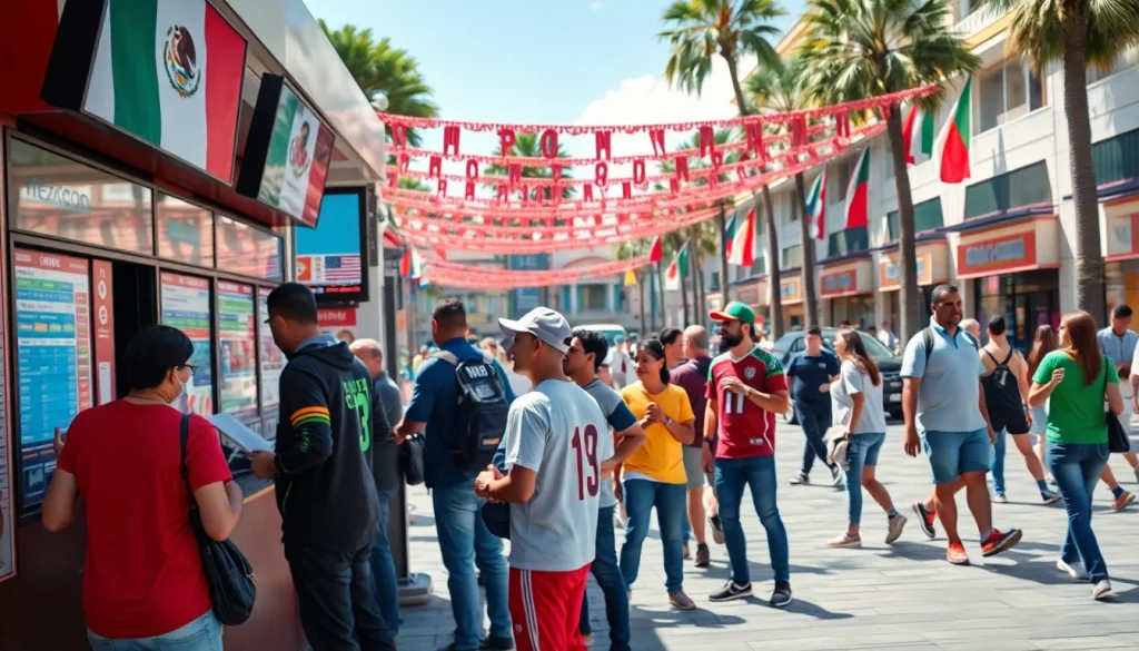 Engaging scene of best sportsbooks in Mexico with local fans and betting activities in a vibrant plaza.