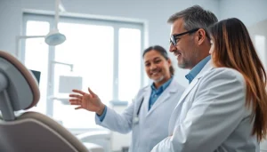 Dentist attentively explaining dental procedures to a patient in a modern clinic