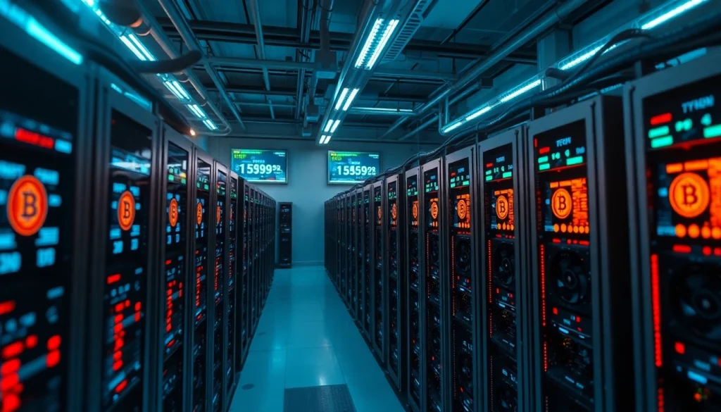 Explore the advanced setup of the best crypto mining site featuring sleek mining rigs and digital displays.