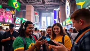 Engaging scene of the best sports betting sites Brazil with vibrant atmosphere and happy bettors.