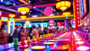 Mencoba permainan plinko demo dengan suasana arcade yang ceria, menunjukkan kegembiraan pemain.