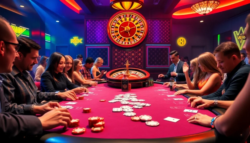 Players celebrating wins at the luxurious s8 club casino table surrounded by vibrant gaming elements.