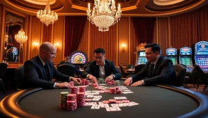 Exciting poker game scene with players at a high-stakes table, highlighting the w88 link experience in luxurious casino settings.