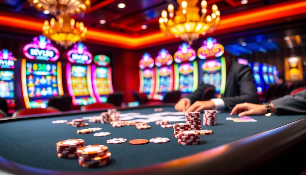 An intense poker game in progress, showcasing the luxurious atmosphere of ev88 with vibrant poker chips and cards.