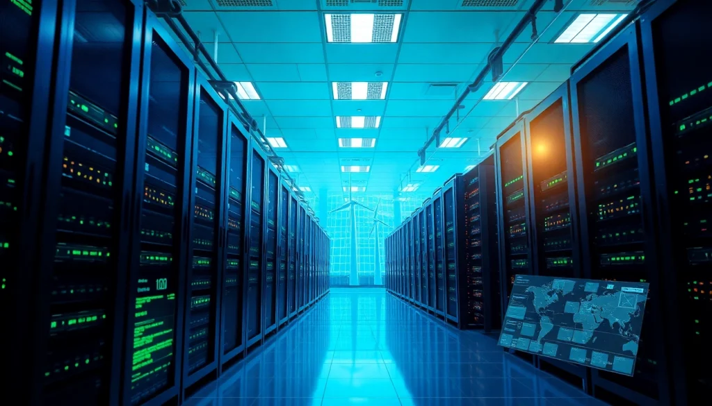 Experience the best cloud mining with advanced AI technology in a sleek data center showcasing renewable energy sources.