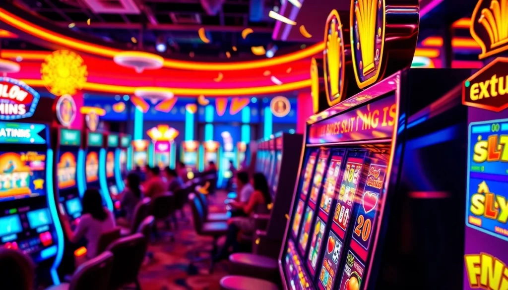 Situs kode4d slot gaming scene with excited players and colorful machines