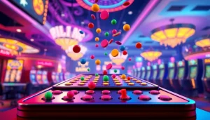 Jelajahi plinko demo dengan bola jatuh melalui peg yang berwarna-warni dalam suasana permainan menyenangkan.