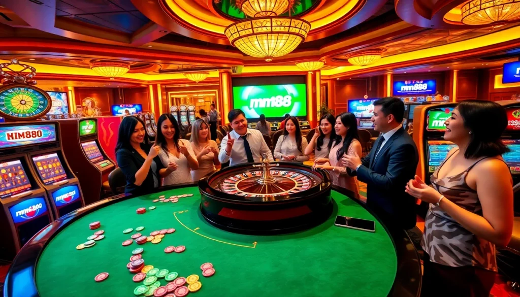Players enjoying an exhilarating game at mm88.com casino, surrounded by vibrant roulette and slot machines.