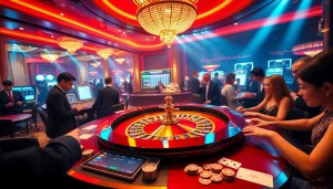 Exciting SODO66 casino scene with roulette table, engaging gamblers and sparkling chips.