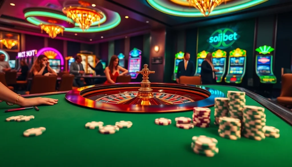 Experience the excitement of online gambling with the elegant atmosphere of https://soibet.vision/ featuring roulette and casino tables.