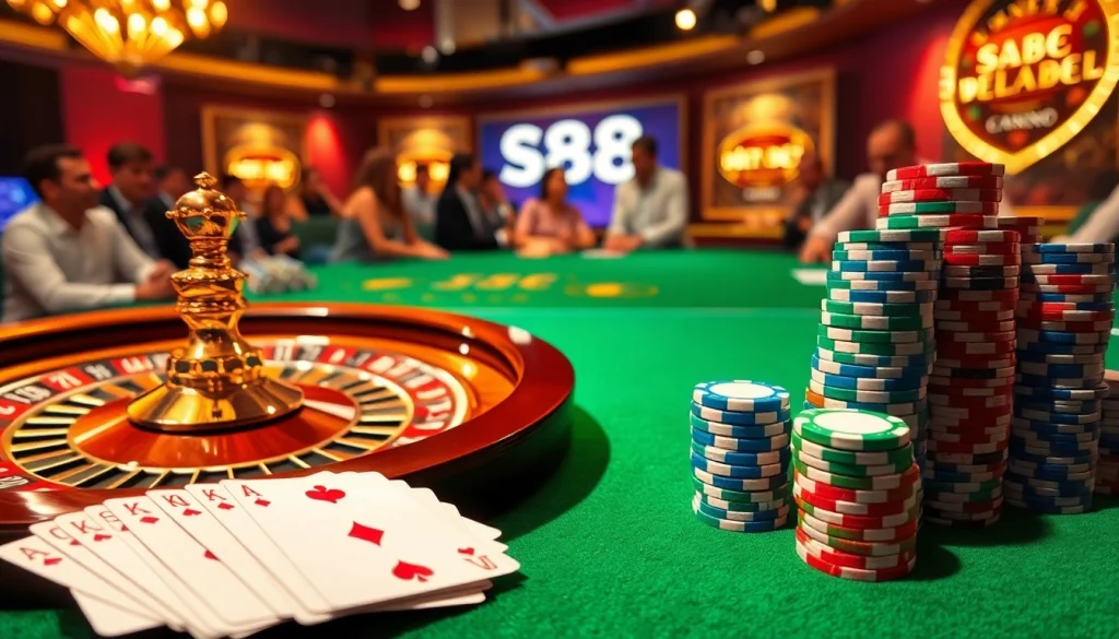 S88 bet players enjoying high-stakes games at a luxurious casino table surrounded by vibrant lights.