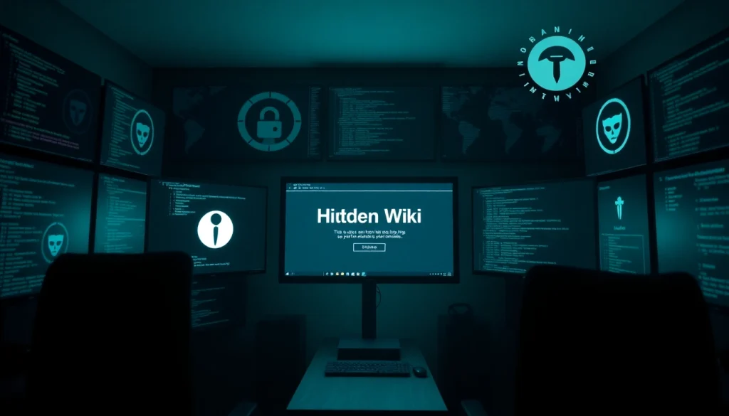 Exploring the hidden wiki dark web interface with laptop screens displaying dark web links.