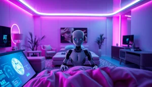 Engaging scene of sex AI interactions in a modern, ambient bedroom.