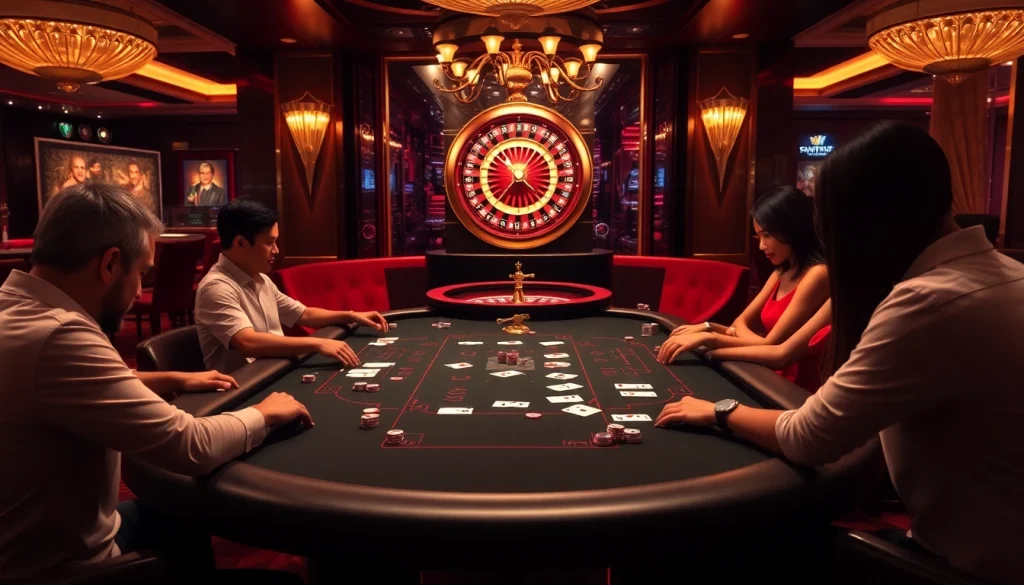 Players at a luxurious bk8thai poker table immersed in an intense game
