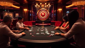 Players at a luxurious bk8thai poker table immersed in an intense game