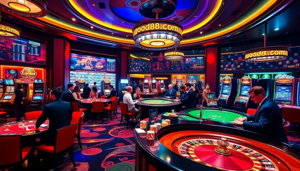 Players enjoying high-stakes poker and roulette at good88.com casino.