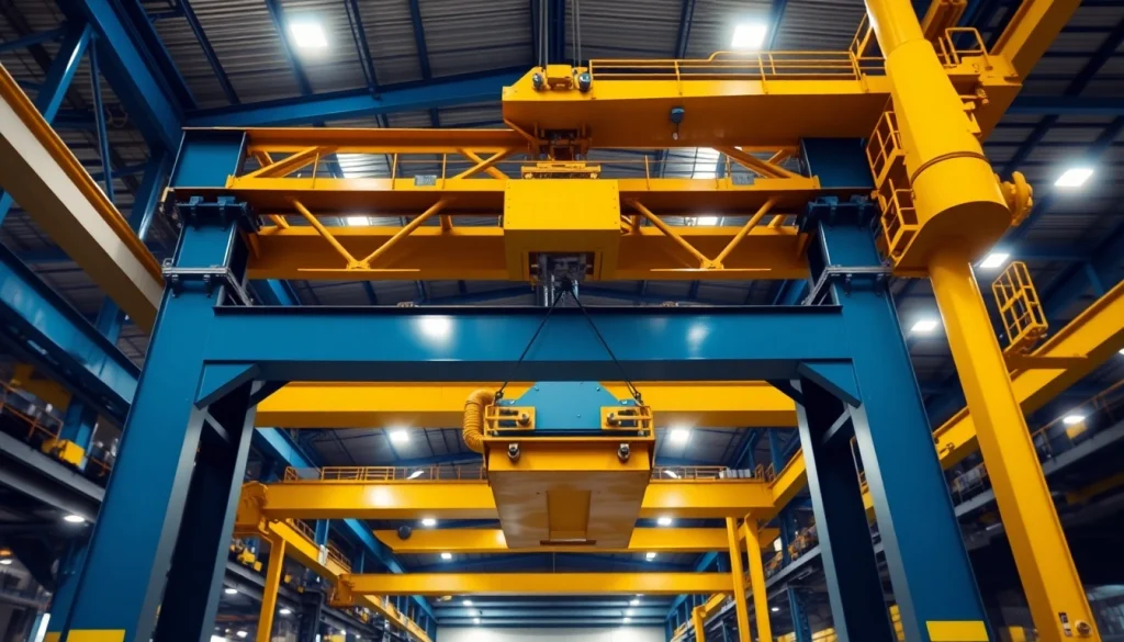 Double girder bridge crane lifting heavy loads in a modern industrial warehouse.