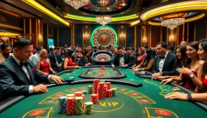 Trải nghiệm cảm giác hồi hộp của Bet VIP trong không gian casino sống động với bàn poker và nội thất sang trọng.