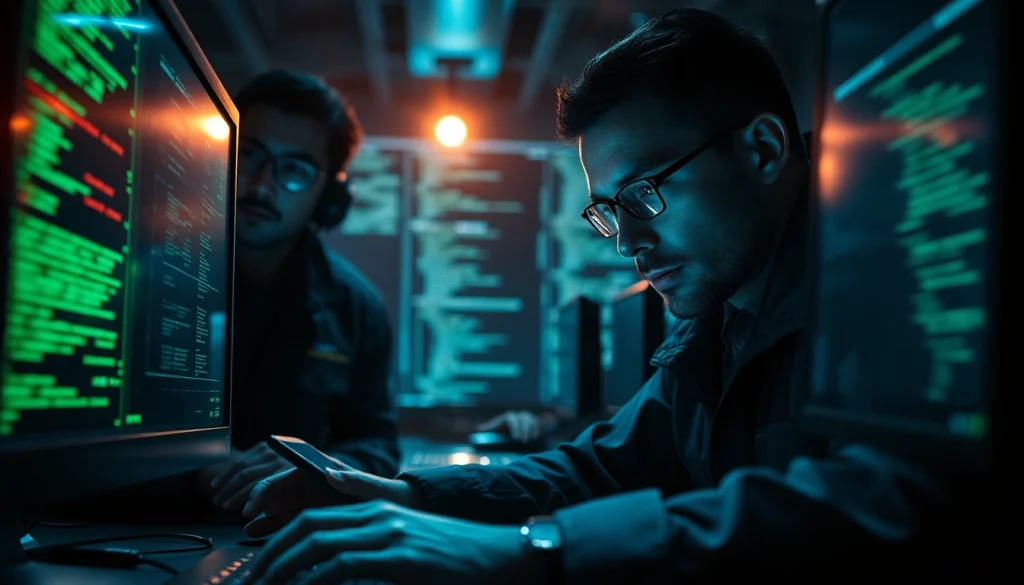 The hidden wiki’s intricate dark web investigation scene depicting law enforcement agents analyzing digital data in a high-tech environment.