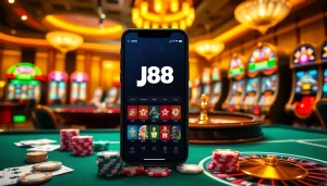 Engaging casino scene showcasing link vào j88 with a smartphone, vibrant tables, and slot machines.
