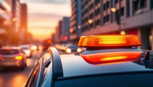 Warnleuchte V16 leuchtet auf einem Fahrzeugdach in urbaner Umgebung und sorgt für Sichtbarkeit.