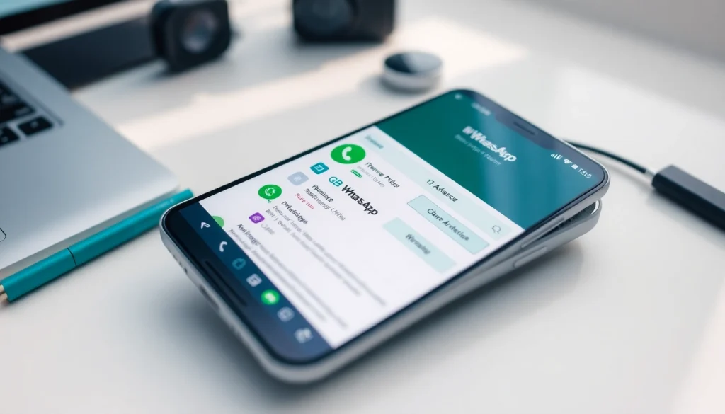 GB WhatsApp interface displayed on a smartphone, showcasing features like themes and privacy options.
