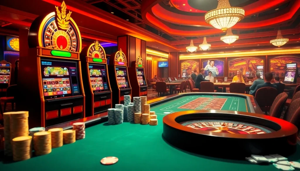 Experience the thrill of 555win with luxurious casino gaming scenes and vibrant slot machines.
