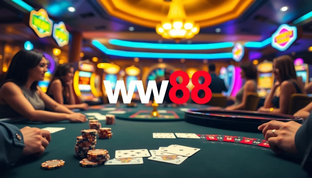 Experience the excitement of ww88 with vibrant casino visuals showcasing poker, roulette, and slot games.