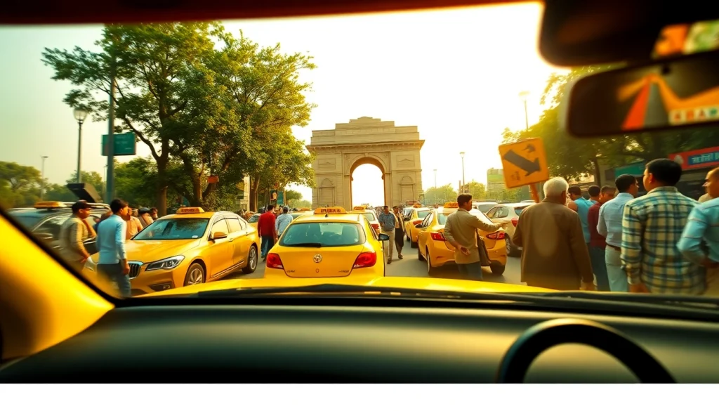 Delhi Taxi Service showcasing a vibrant yellow taxi on a busy Delhi street with India Gate in the background.