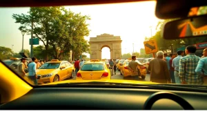 Delhi Taxi Service showcasing a vibrant yellow taxi on a busy Delhi street with India Gate in the background.