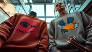 Džemperiai su spauda rodomi modernioje miesto aplinkoje, demonstruojantys unikalius individualizuotus spaudus ir stilingus dizainus.