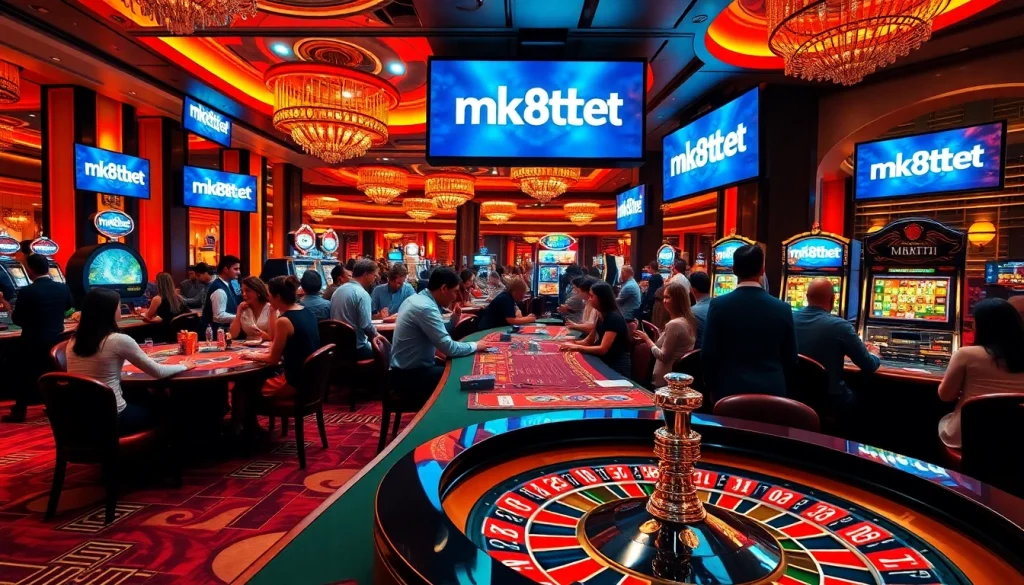 Players engaging in exciting games at a luxury casino, featuring mk8th.net in the background.
