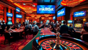 Players engaging in exciting games at a luxury casino, featuring mk8th.net in the background.