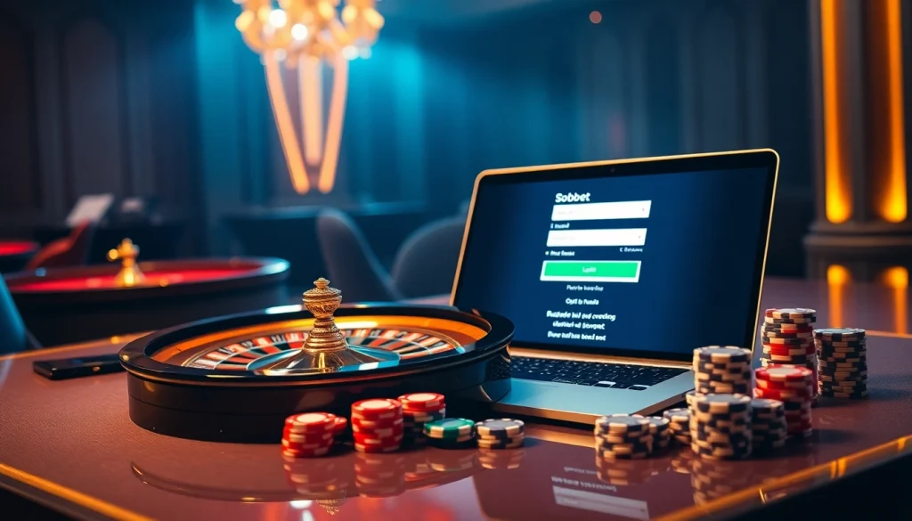 Engage with sbobet login on a sleek mobile interface surrounded by vibrant casino elements.