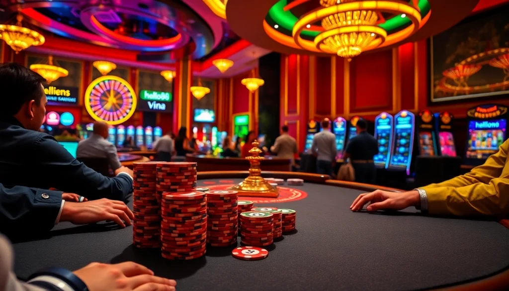 Experience the thrill of hello88 vina with poker action surrounded by vibrant casino elements.
