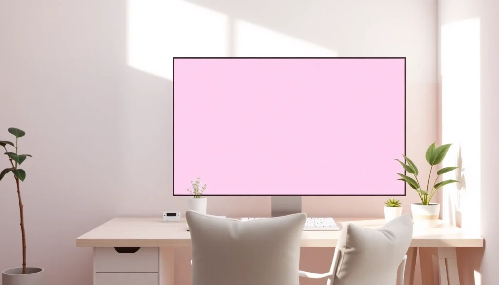 The pink screen displayed in a modern workspace, providing a calming and inviting atmosphere.