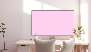 The pink screen displayed in a modern workspace, providing a calming and inviting atmosphere.