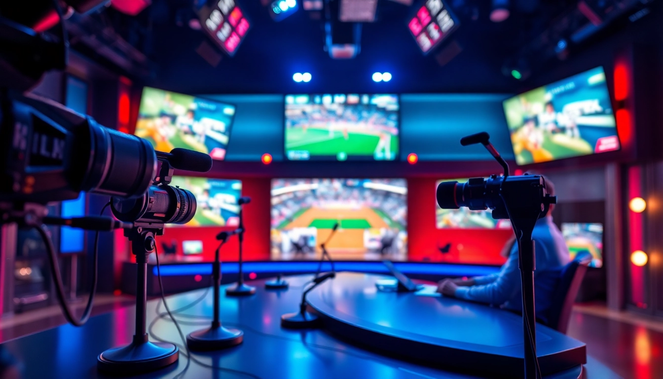 Engaging sports broadcasting scene with anchors discussing live sports highlights.