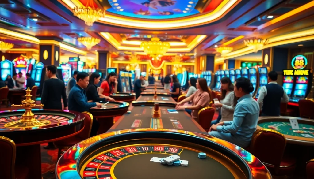 Players enjoying a thrilling game on the luxurious xin 88 casino floor with vibrant tables and slot machines.