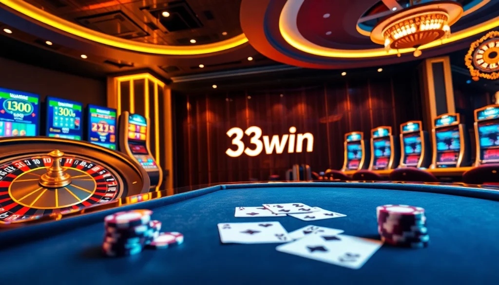 A casino scene highlighting 33win with virtual poker tables and a digital roulette wheel, radiating excitement.