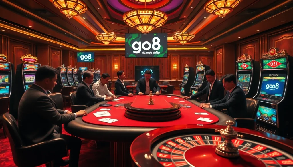 High-end poker players enjoying a game at a luxurious casino as they login to go8 đăng nhập.