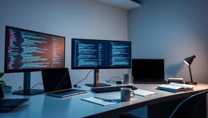 Innovative workspace showcasing software engineering tools and coding.