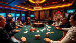 SODO66 players enjoying poker at a vibrant casino table, celebrating wins under ambient lighting.
