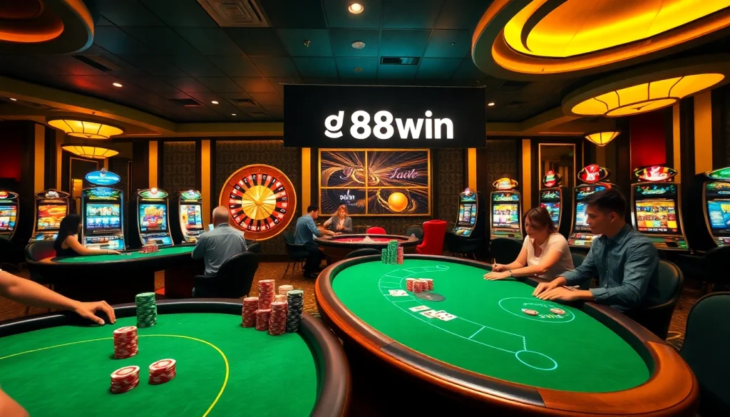 Experience the excitement of game 98win at a luxurious casino, showcasing vibrant tables and eager players.