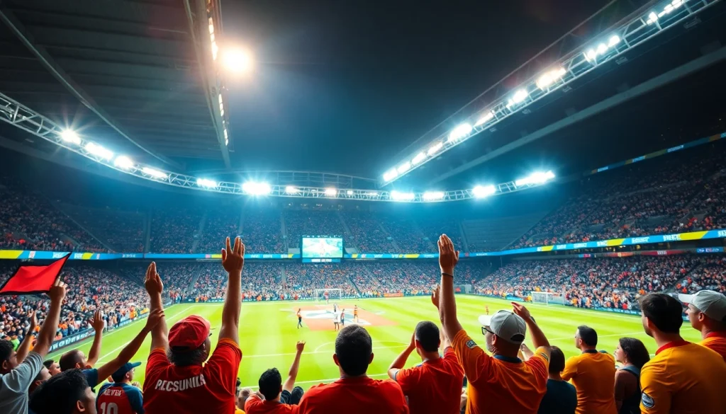 星空体育体育赛事中，热情观众在欢呼，展示团体颜色和横幅。