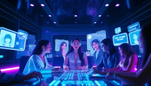 Interactive futuristic AI sex chat interface with vibrant avatars and holographic elements.